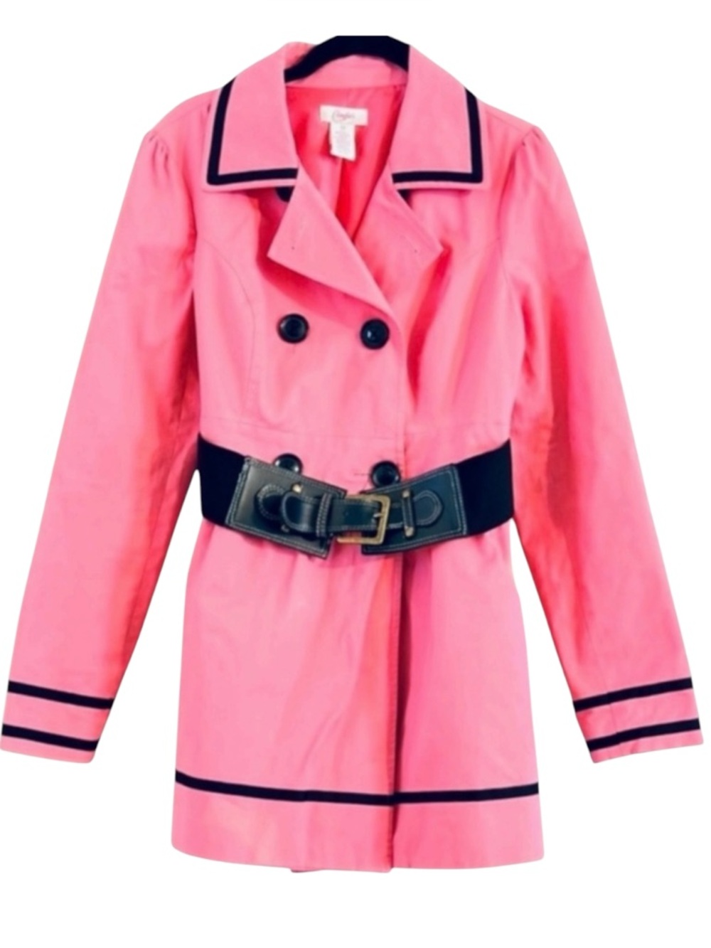 Candie’s Pink Double Breasted Peplum Trench Coat Black Trim Size M